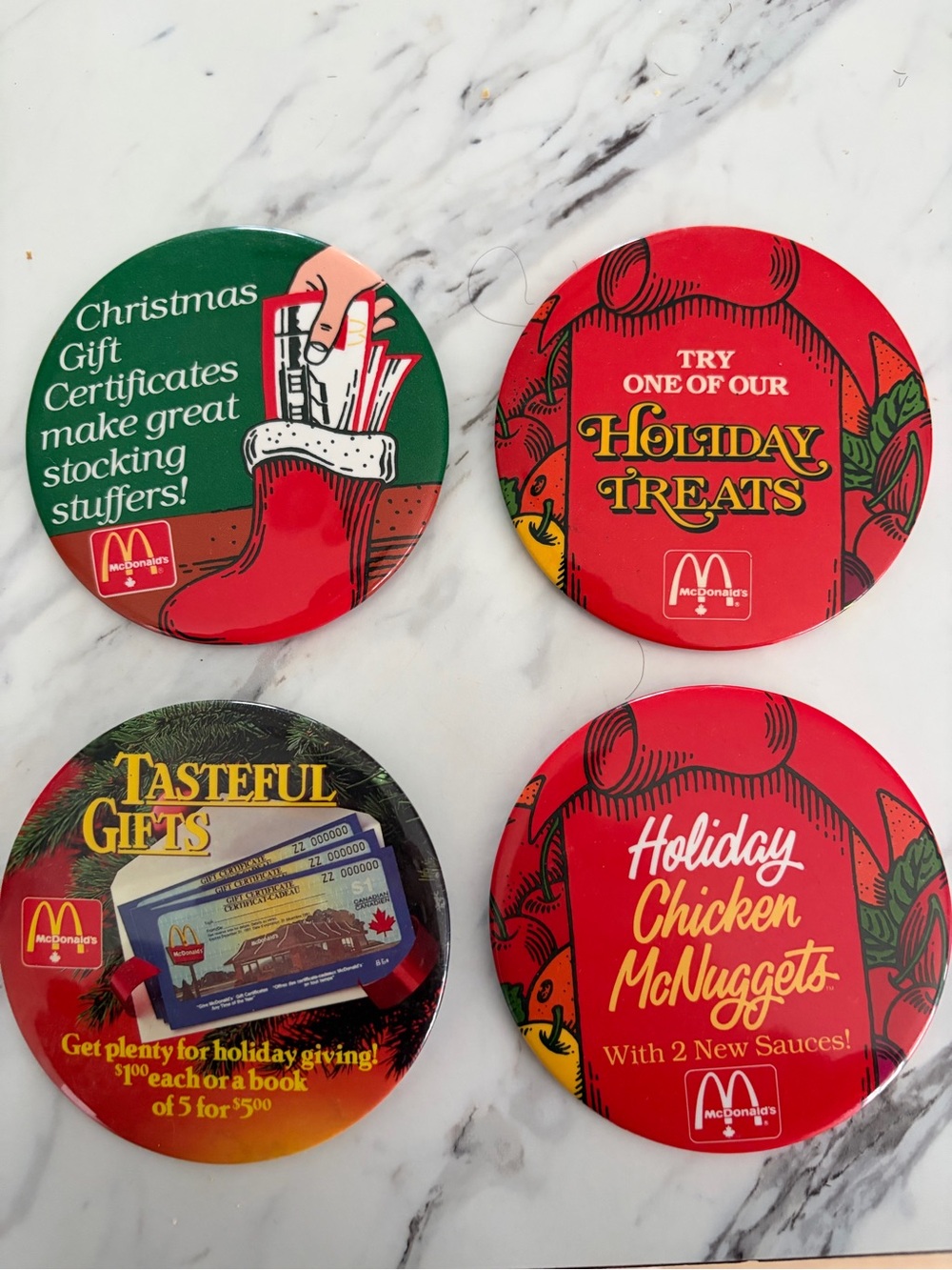 McDonald's Holiday Treats and Gifts Button Set - Red & Green - Vintage
